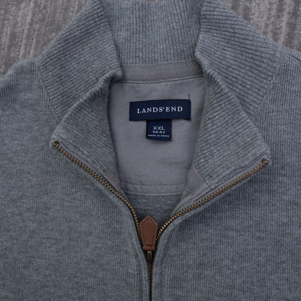 Lands End Mens XXL Gray 100% Cotton Quarter Zip Sweater Elbow Patches 50-52